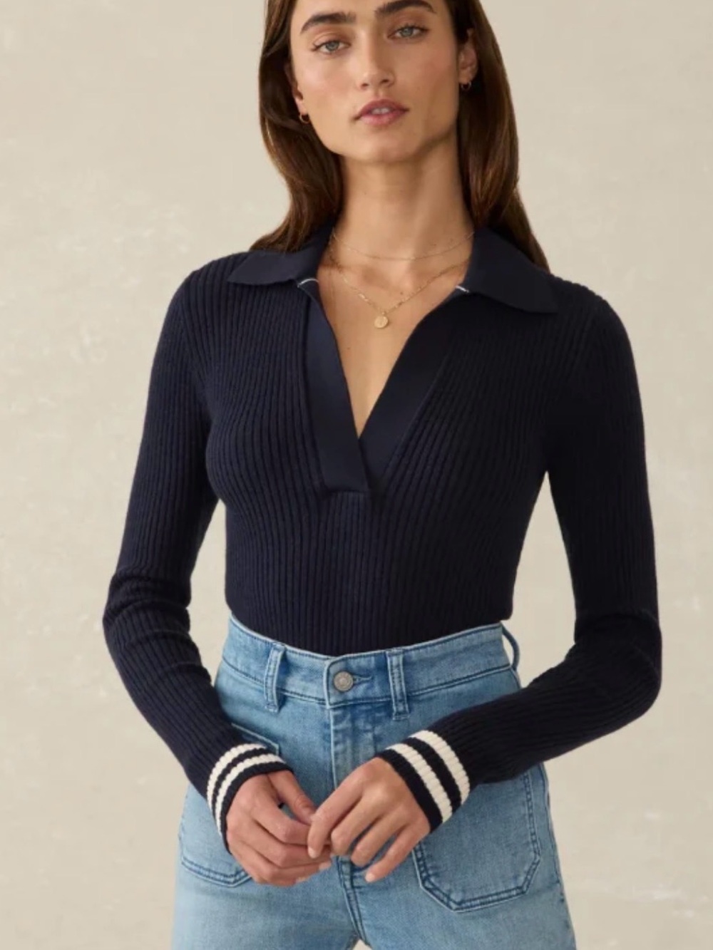 Faherty Shiloh Cashmere Blend Knit Ribbed Navy Blue Polo Sweater Top Size M